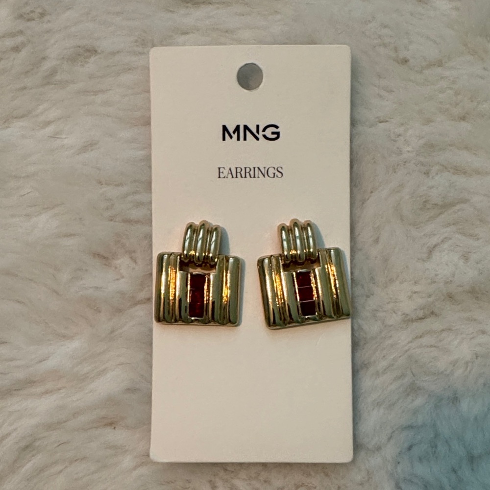 MNG Gold Statement Stud Earrings with Red Inlay